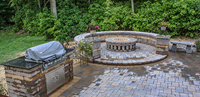 Custom manufacture cambridge fire pit and outdoor grill in lagrangeville NY #hudsonlandscaping