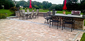 custom backyard pavers patio with outdoor kitchen area, sitting walls, landscaping, outdoor lighting led, build in newburgh NY