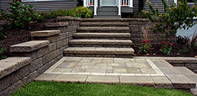 Retaining wall and front walkway with manufactured steps and landscaping build in highland NY and newpaltz