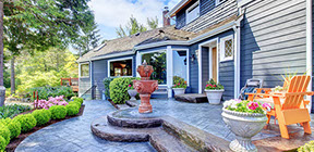 Custom stamped concrete patio backyard and landscaping with led outdoor lighting #hudsonvalleylandscaping